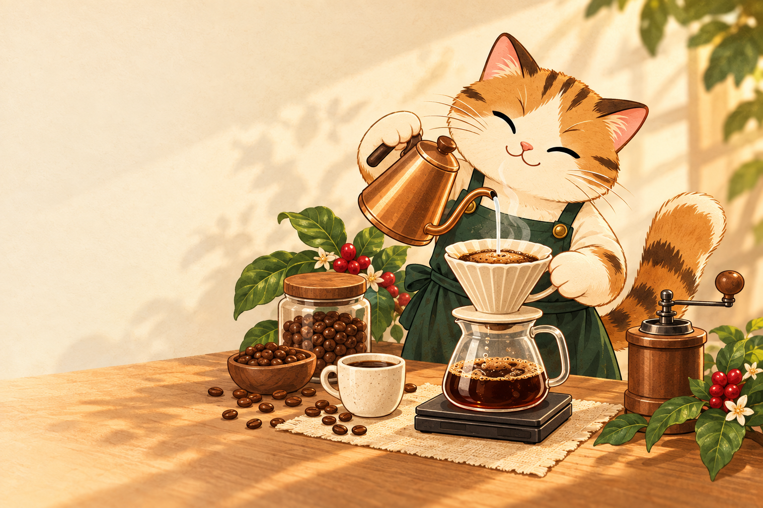 Chú mèo Bach-ery rót nước nóng từ ấm cổ ngỗng vào phễu V60