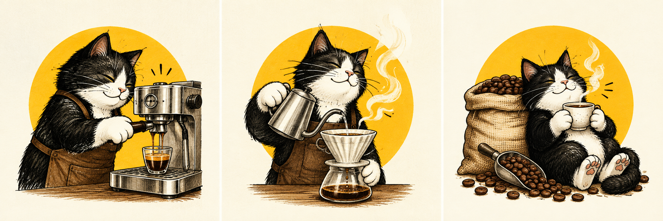 Mèo Bach-ery pha espresso, pour over và thưởng thức cà phê cạnh hạt rang